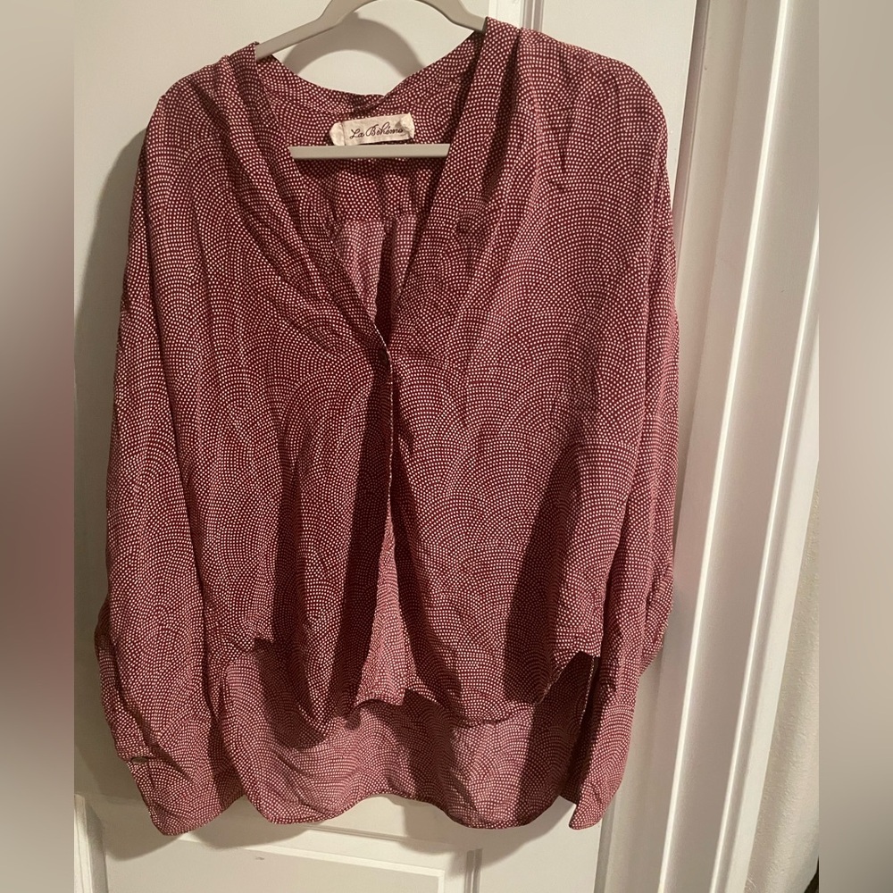 La Boheme‎ red & white polka dot blouse linens blend size Small